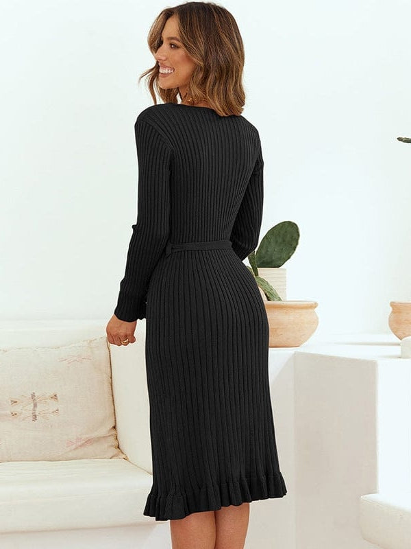Elegant V-Neck Knitted Dress with Long Sleeves and High Waist