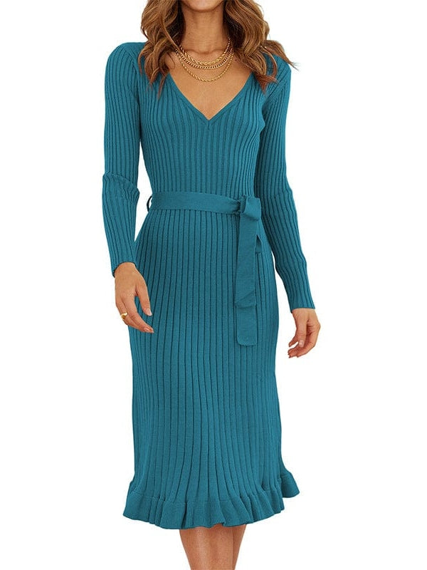 Elegant V-Neck Knitted Dress with Long Sleeves and High Waist