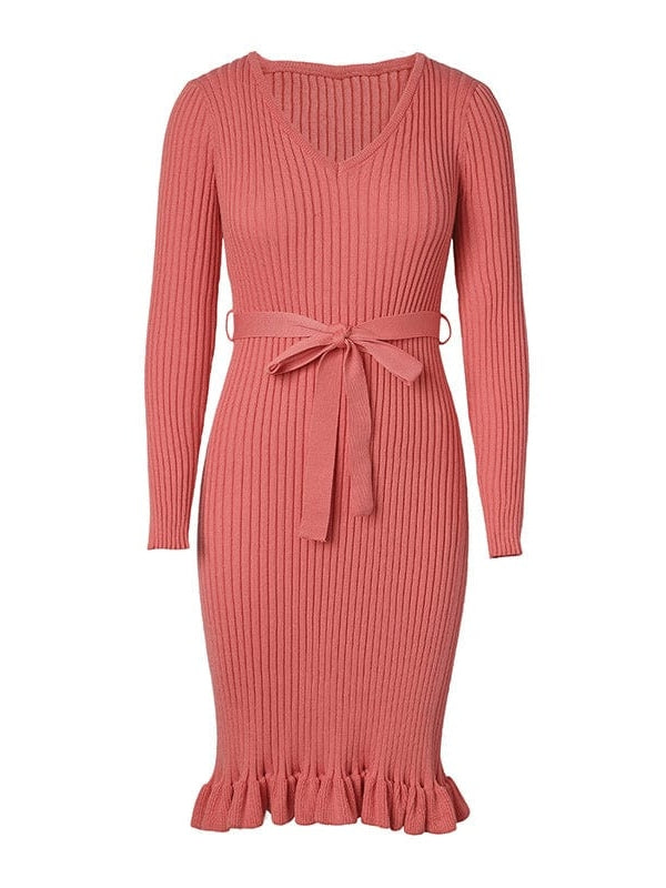 Elegant V-Neck Knitted Dress with Long Sleeves and High Waist