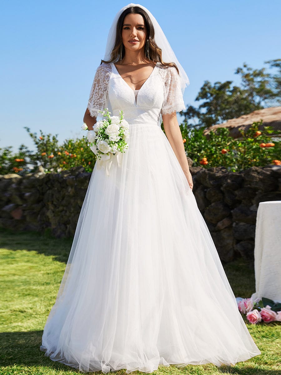 Elegant V-Neck Lace Wedding Gowns with Floral Embroidery for Wholesale Buyers