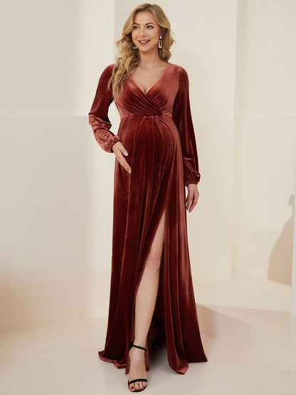 Elegant V-Neck Maternity Dress with Long Pagoda Sleeves
