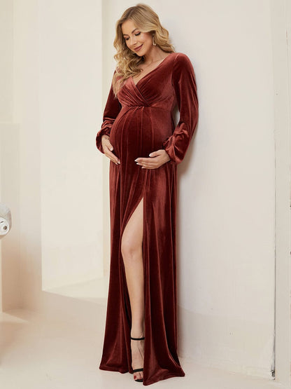 Elegant V-Neck Maternity Dress with Long Pagoda Sleeves