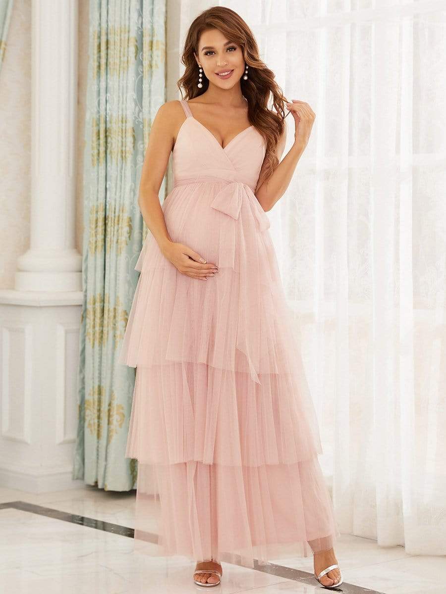 Elegant V-Neck Maternity Dress with Tie Waist and Tiered Floor-Length Styling
