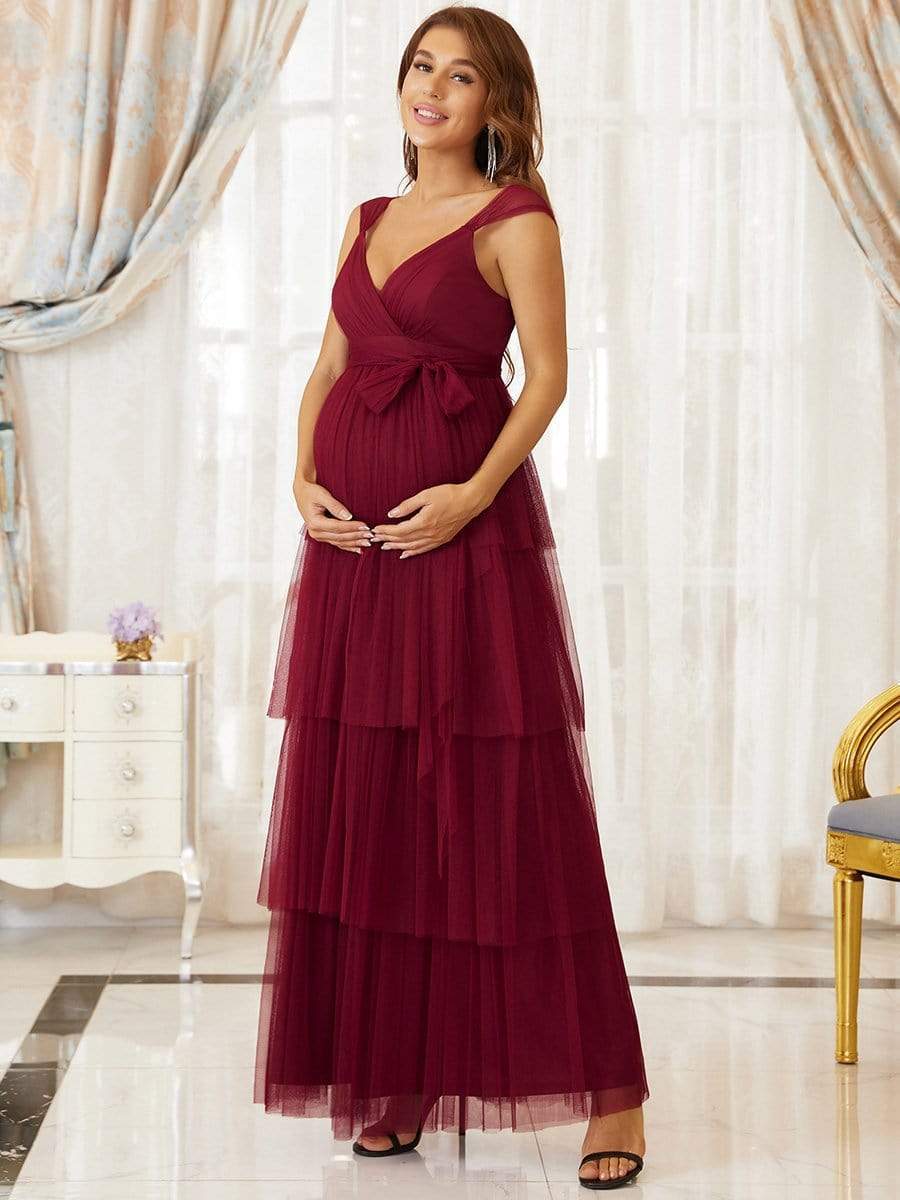 Elegant V-Neck Maternity Dress with Tie Waist and Tiered Floor-Length Styling