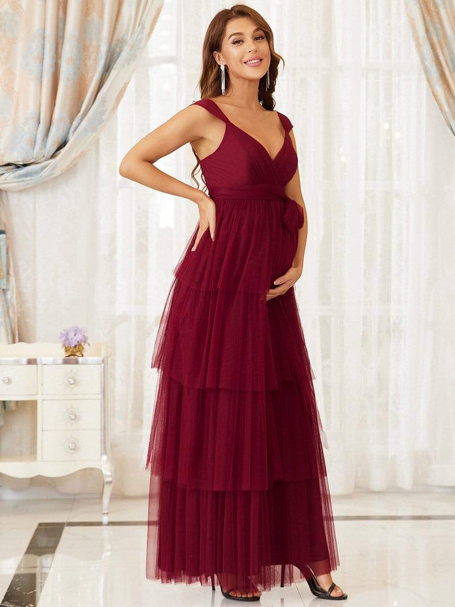Elegant V-Neck Maternity Dress with Tie Waist and Tiered Floor-Length Styling