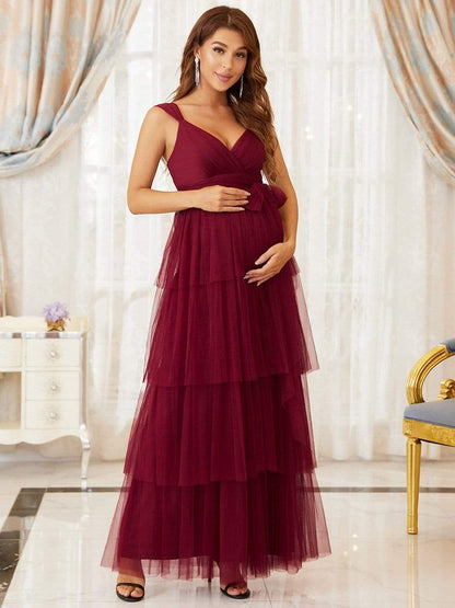 Elegant V-Neck Maternity Dress with Tie Waist and Tiered Floor-Length Styling