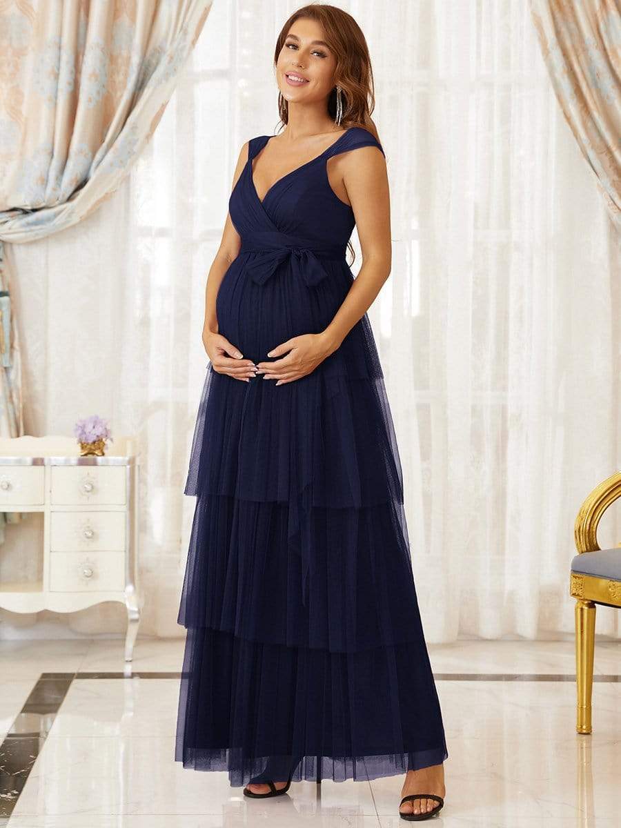 Elegant V-Neck Maternity Dress with Tie Waist and Tiered Floor-Length Styling