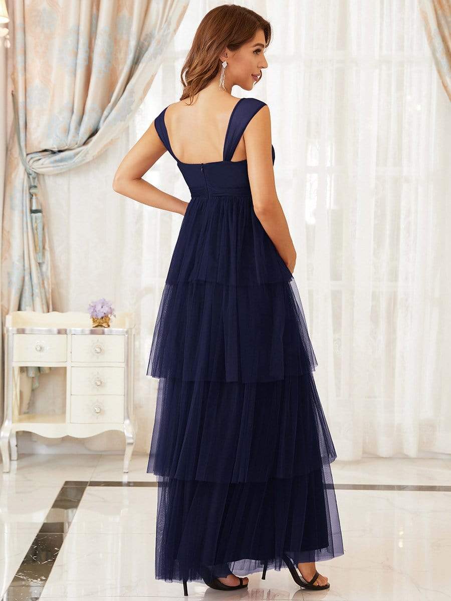 Elegant V-Neck Maternity Dress with Tie Waist and Tiered Floor-Length Styling