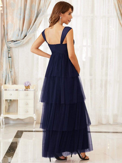 Elegant V-Neck Maternity Dress with Tie Waist and Tiered Floor-Length Styling