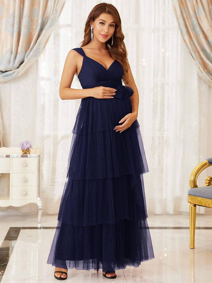 Elegant V-Neck Maternity Dress with Tie Waist and Tiered Floor-Length Styling