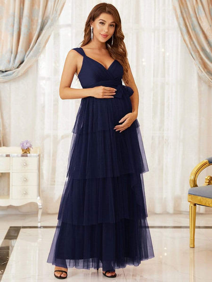 Elegant V-Neck Maternity Dress with Tie Waist and Tiered Floor-Length Styling