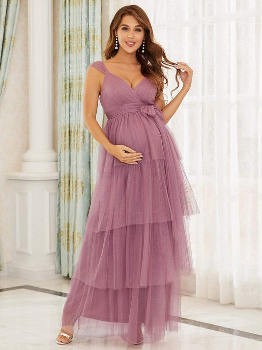 Elegant V-Neck Maternity Dress with Tie Waist and Tiered Floor-Length Styling