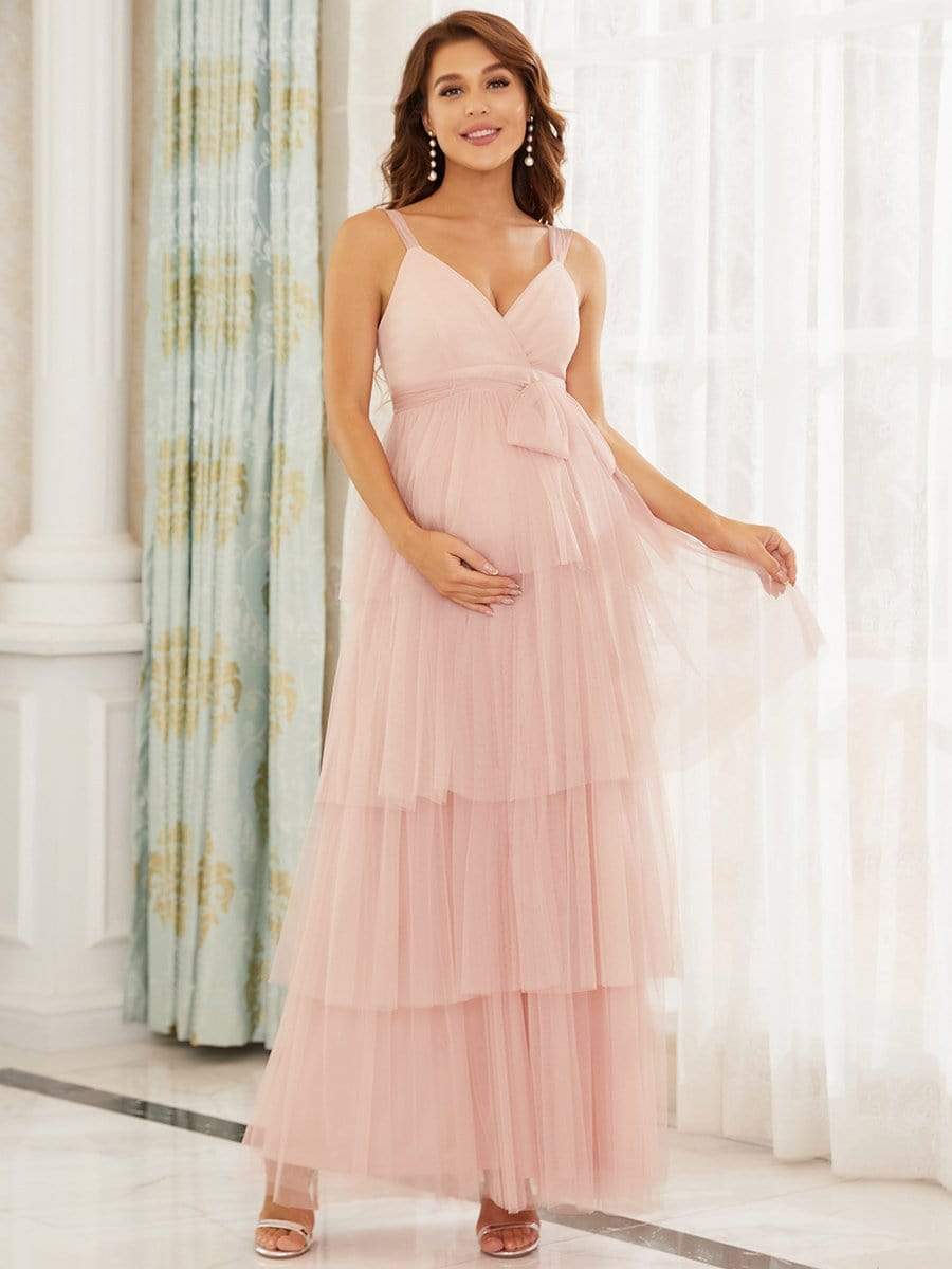 Elegant V-Neck Maternity Dress with Tie Waist and Tiered Floor-Length Styling