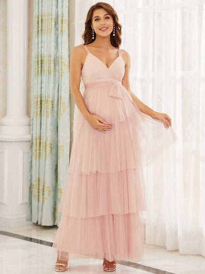 Elegant V-Neck Maternity Dress with Tie Waist and Tiered Floor-Length Styling