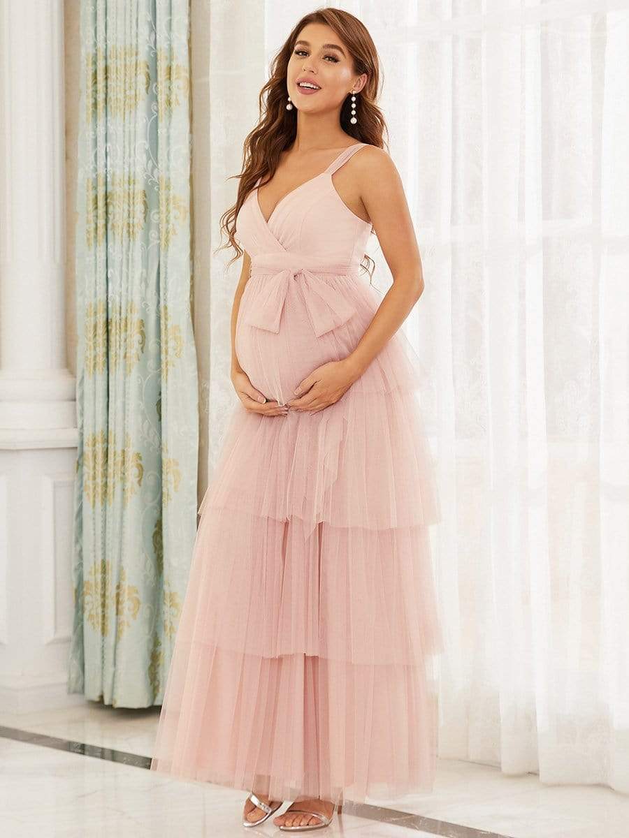 Elegant V-Neck Maternity Dress with Tie Waist and Tiered Floor-Length Styling