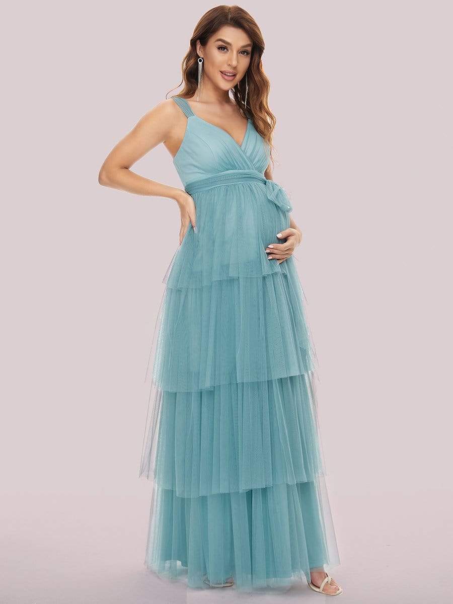 Elegant V-Neck Maternity Dress with Tie Waist and Tiered Floor-Length Styling