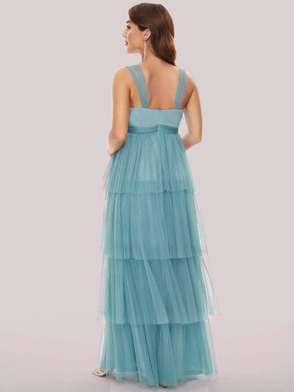 Elegant V-Neck Maternity Dress with Tie Waist and Tiered Floor-Length Styling