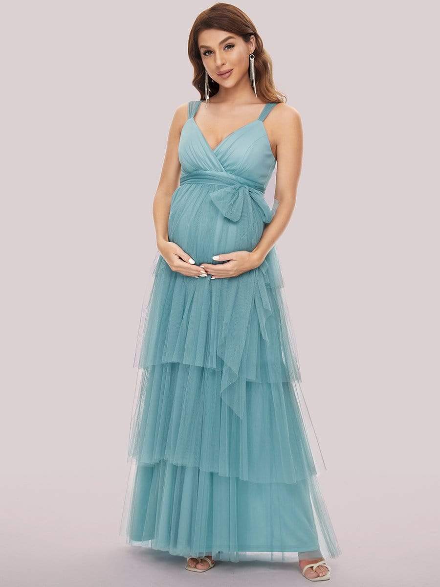 Elegant V-Neck Maternity Dress with Tie Waist and Tiered Floor-Length Styling