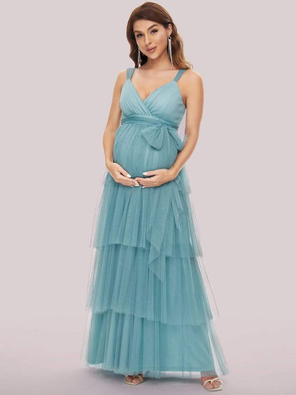 Elegant V-Neck Maternity Dress with Tie Waist and Tiered Floor-Length Styling