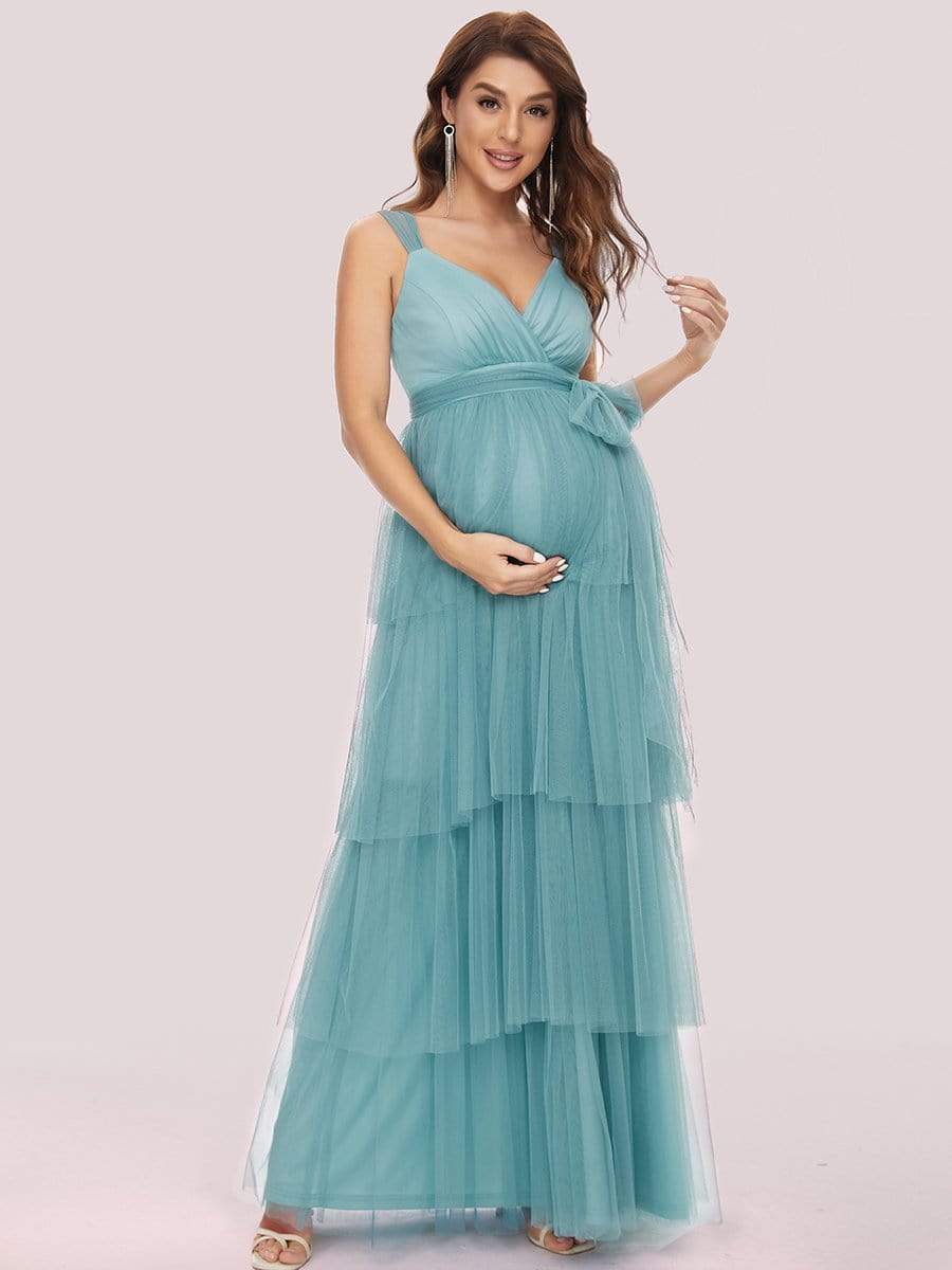 Elegant V-Neck Maternity Dress with Tie Waist and Tiered Floor-Length Styling
