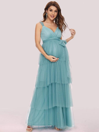 Elegant V-Neck Maternity Dress with Tie Waist and Tiered Floor-Length Styling