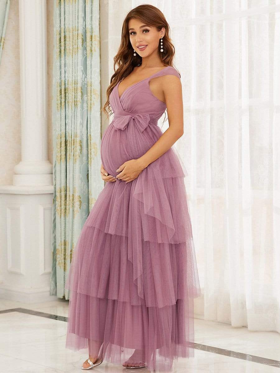 Elegant V-Neck Maternity Dress with Tie Waist and Tiered Floor-Length Styling