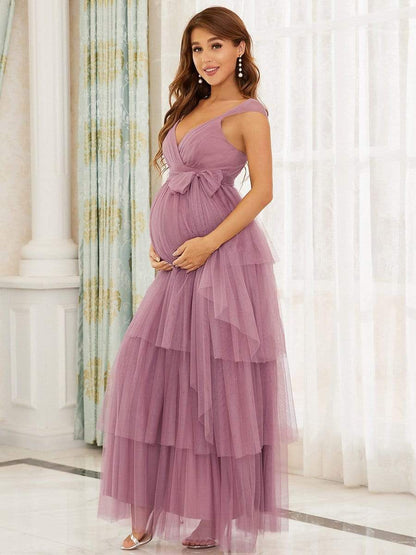 Elegant V-Neck Maternity Dress with Tie Waist and Tiered Floor-Length Styling