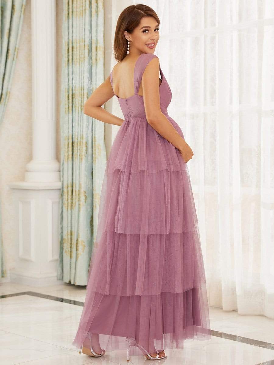 Elegant V-Neck Maternity Dress with Tie Waist and Tiered Floor-Length Styling