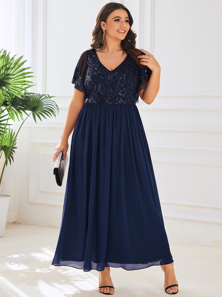 Elegant V Neck Mother of the Bride Dress with Ruffles Sleeves