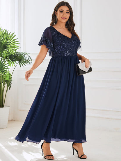 Elegant V Neck Mother of the Bride Dress with Ruffles Sleeves