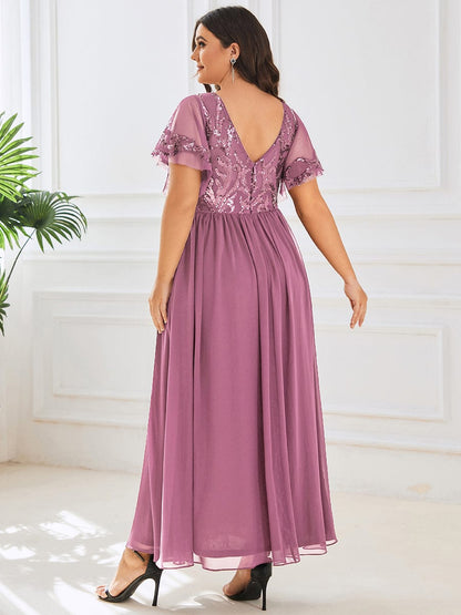 Elegant V Neck Mother of the Bride Dress with Ruffles Sleeves