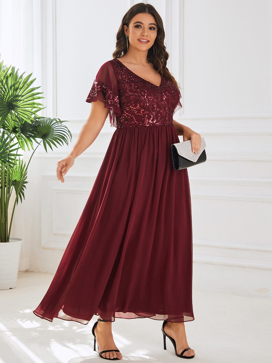 Elegant V Neck Mother of the Bride Dress with Ruffles Sleeves
