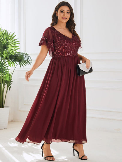 Elegant V Neck Mother of the Bride Dress with Ruffles Sleeves