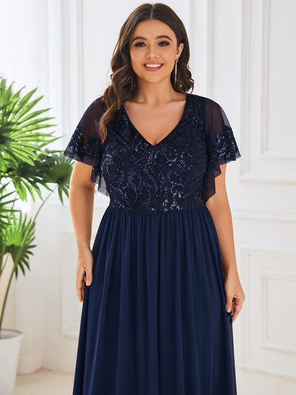 Elegant V Neck Mother of the Bride Dress with Ruffles Sleeves