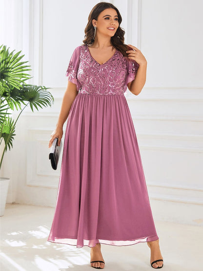 Elegant V Neck Mother of the Bride Dress with Ruffles Sleeves