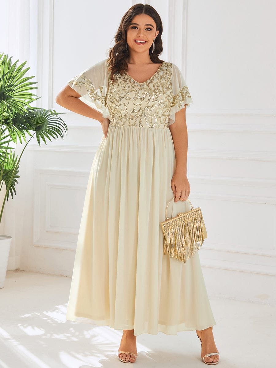 Elegant V Neck Mother of the Bride Dress with Ruffles Sleeves