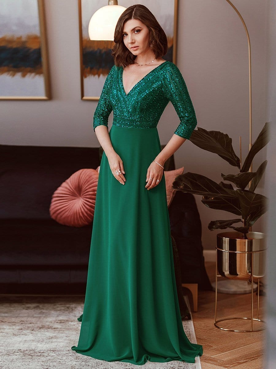 Elegant V Neck Sequin A-Line Evening Gown With 3/4 Sleeves