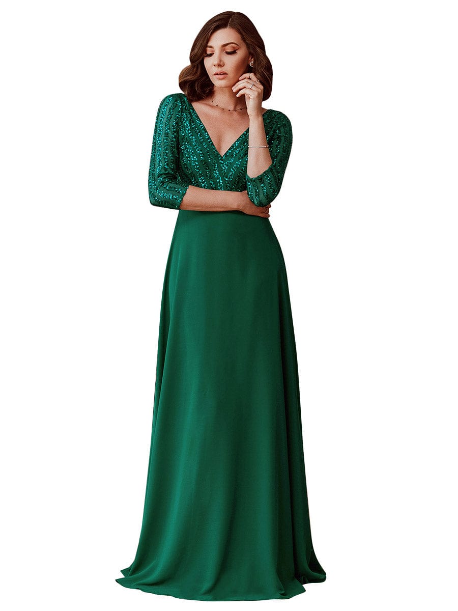 Elegant V Neck Sequin A-Line Evening Gown With 3/4 Sleeves