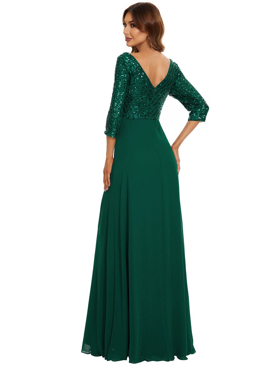 Elegant V Neck Sequin A-Line Evening Gown With 3/4 Sleeves