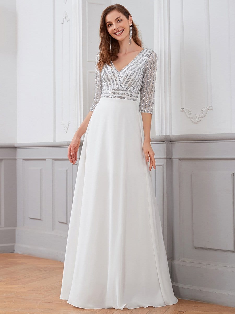Elegant V Neck Sequin A-Line Evening Gown With 3/4 Sleeves