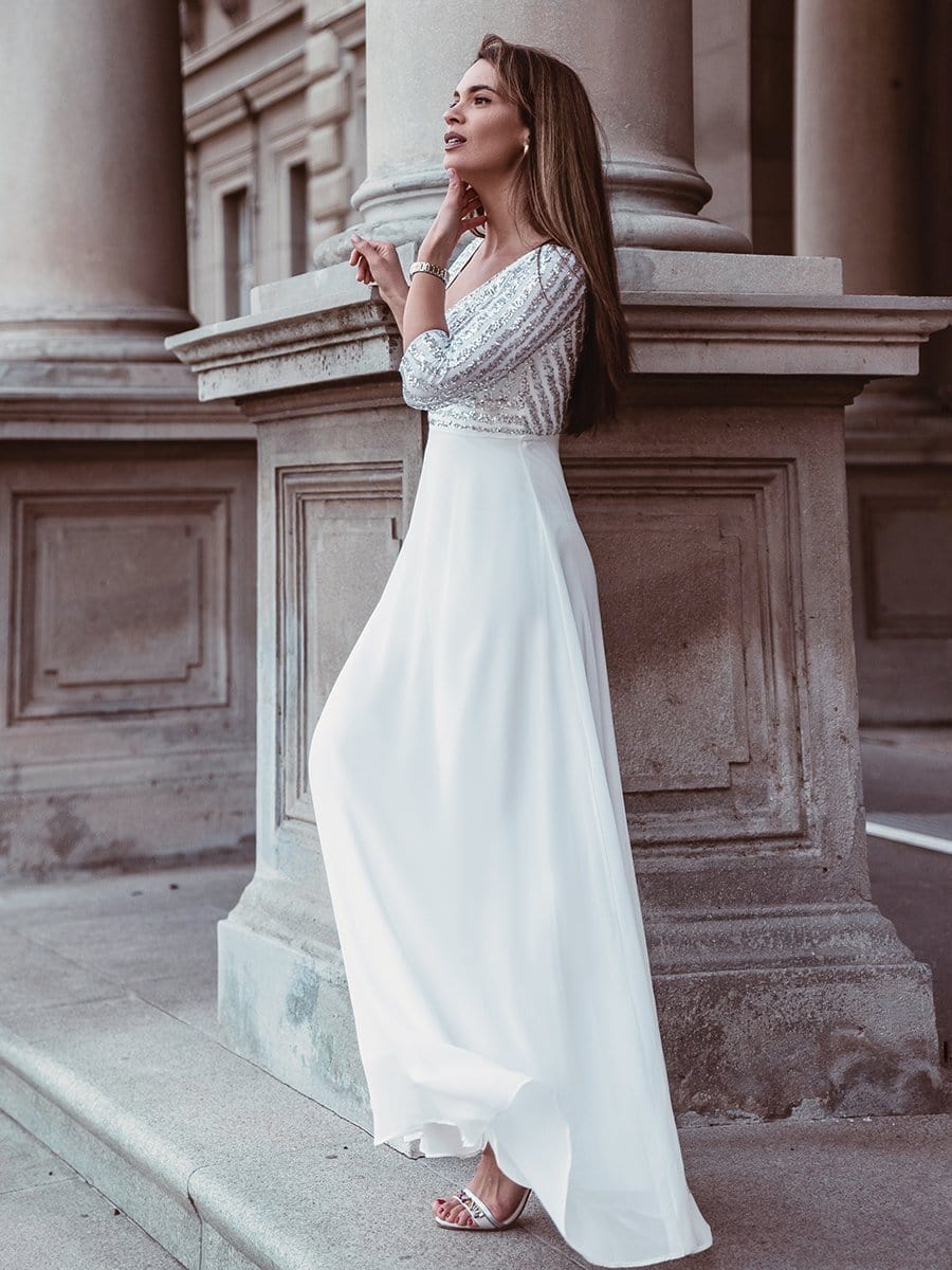 Elegant V Neck Sequin A-Line Evening Gown With 3/4 Sleeves