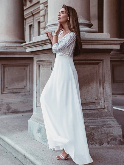 Elegant V Neck Sequin A-Line Evening Gown With 3/4 Sleeves