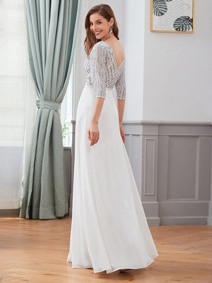 Elegant V Neck Sequin A-Line Evening Gown With 3/4 Sleeves