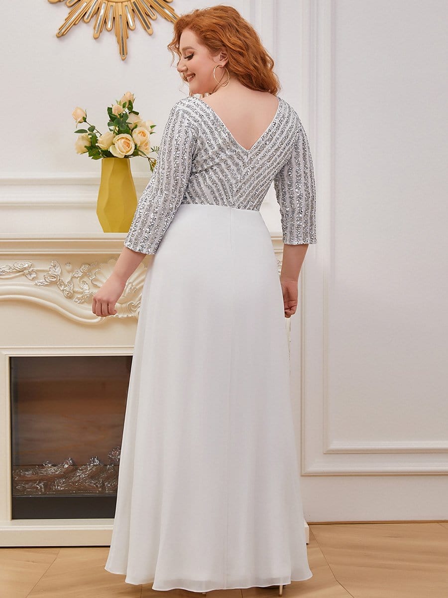Elegant V Neck Sequin A-Line Evening Gown With 3/4 Sleeves