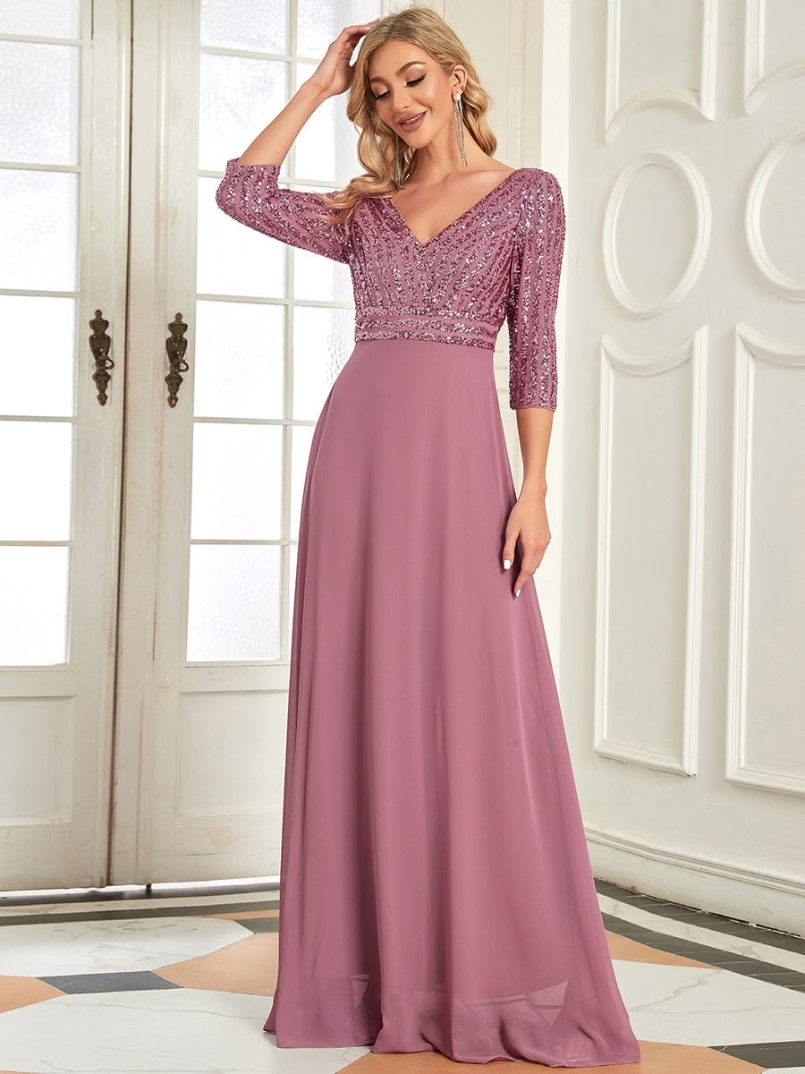 Elegant V Neck Sequin A-Line Evening Gown With 3/4 Sleeves