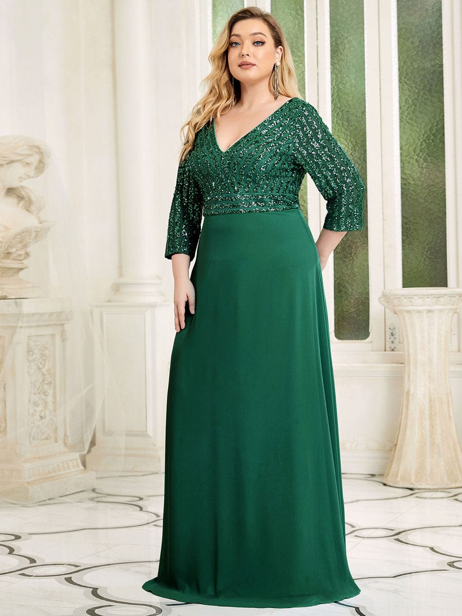 Elegant V Neck Sequin A-Line Evening Gown With 3/4 Sleeves
