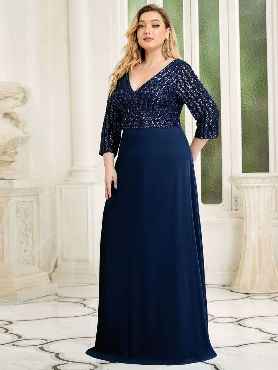 Elegant V Neck Sequin A-Line Evening Gown With 3/4 Sleeves