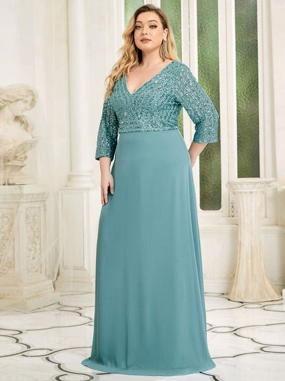 Elegant V Neck Sequin A-Line Evening Gown With 3/4 Sleeves
