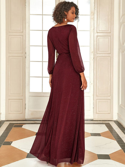 Elegant V-Neck Sparkling Evening Gown With Long Sleeves