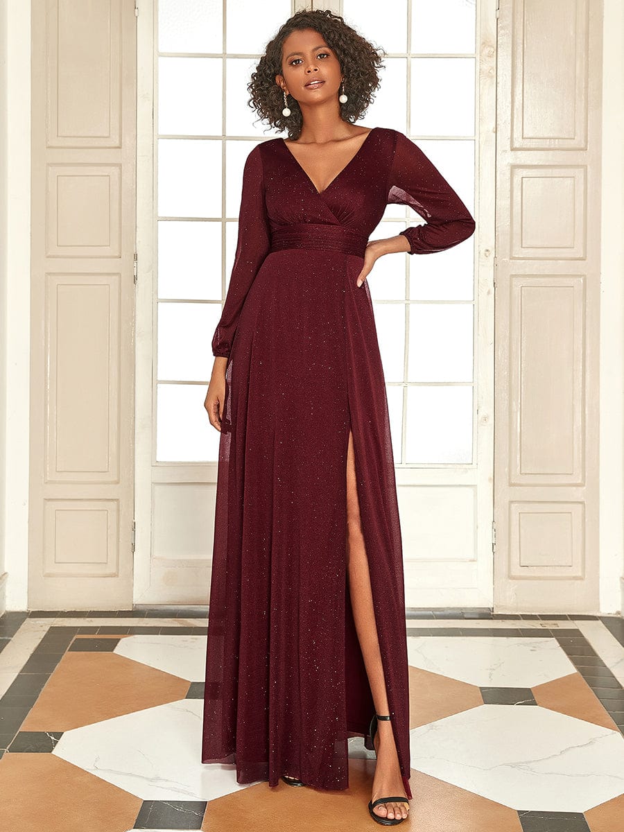 Elegant V-Neck Sparkling Evening Gown With Long Sleeves